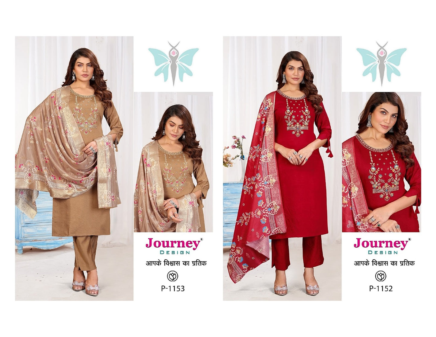 P 1152-1153 Journey Design Silk Readymade Pant Style Suits Wholesale Price