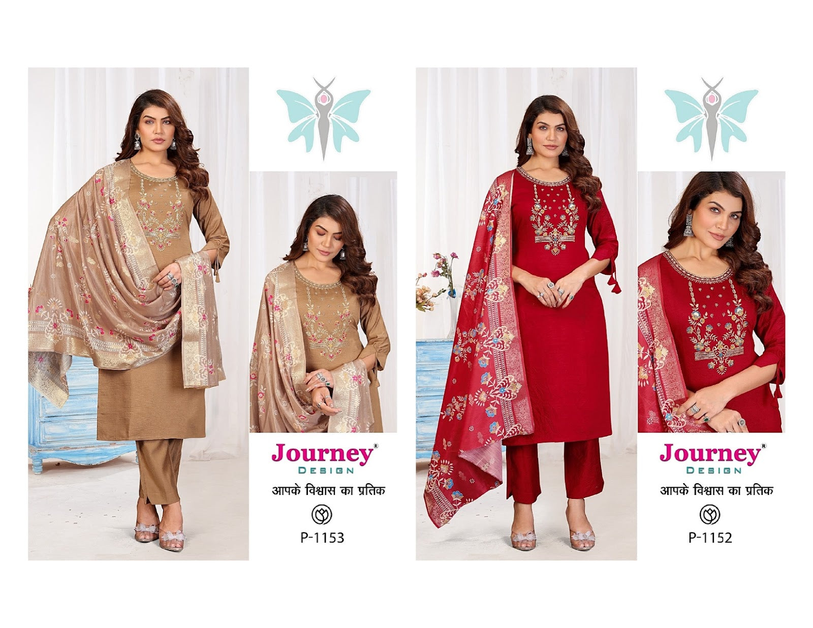 P 1152-1153 Journey Design Silk Readymade Pant Style Suits Wholesale Price