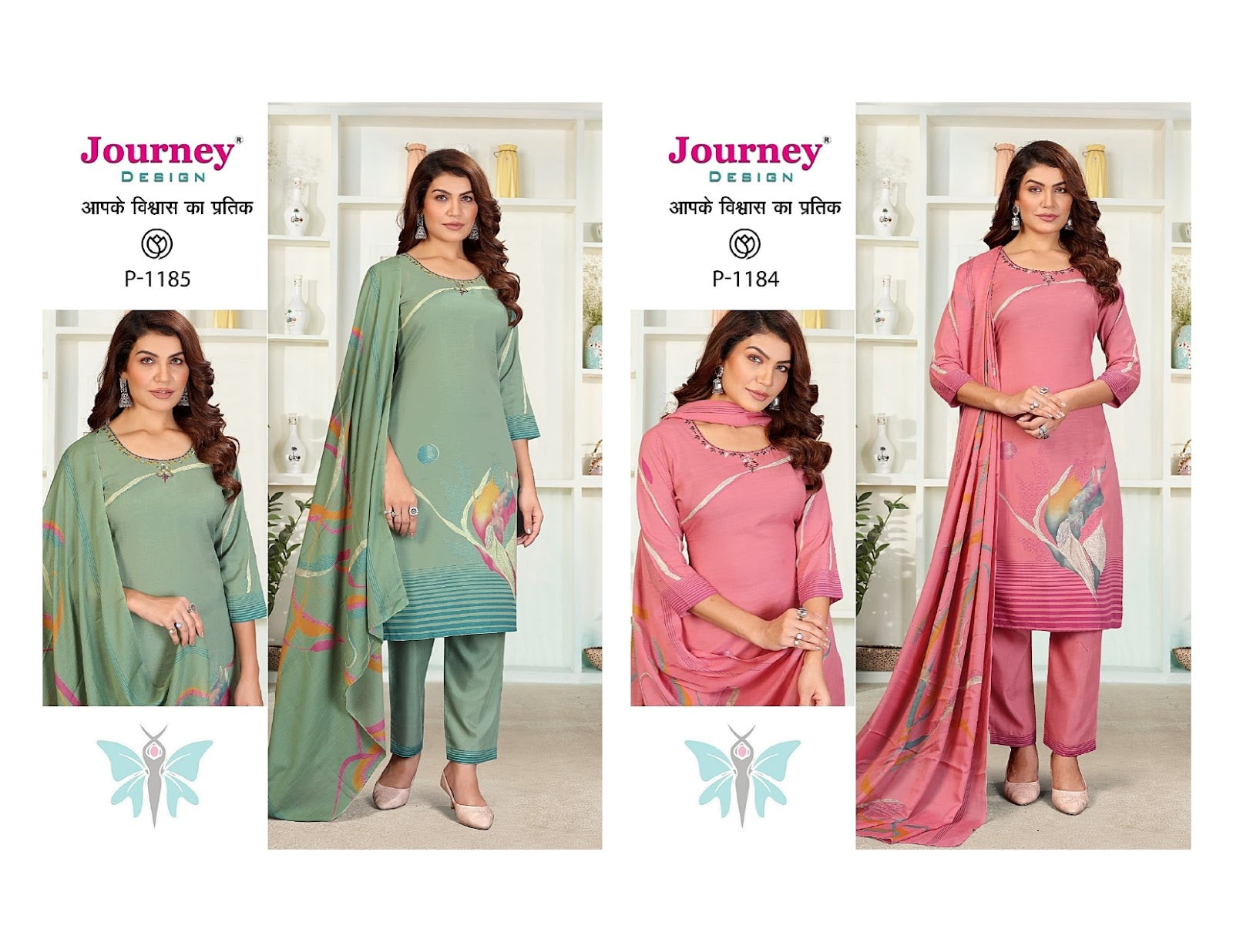 P 1184-1185 Journey Design Silk Readymade Pant Style Suits Exporter Gujarat