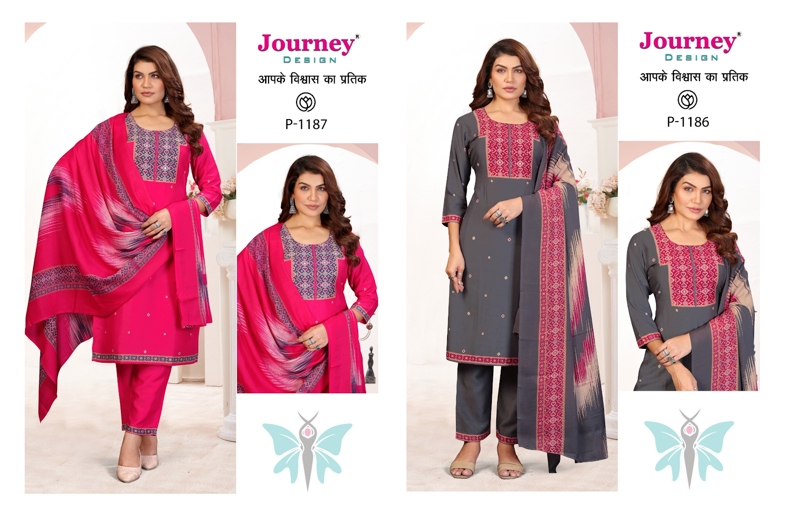 P 1186-1187 Journey Design Silk Readymade Pant Style Suits Wholesaler Ahmedabad