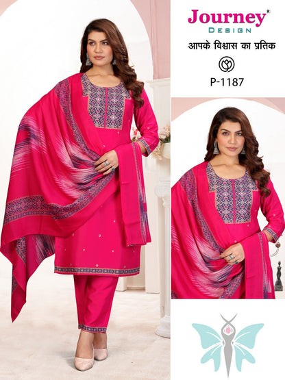 P 1186-1187 Journey Design Silk Readymade Pant Style Suits Wholesaler Ahmedabad