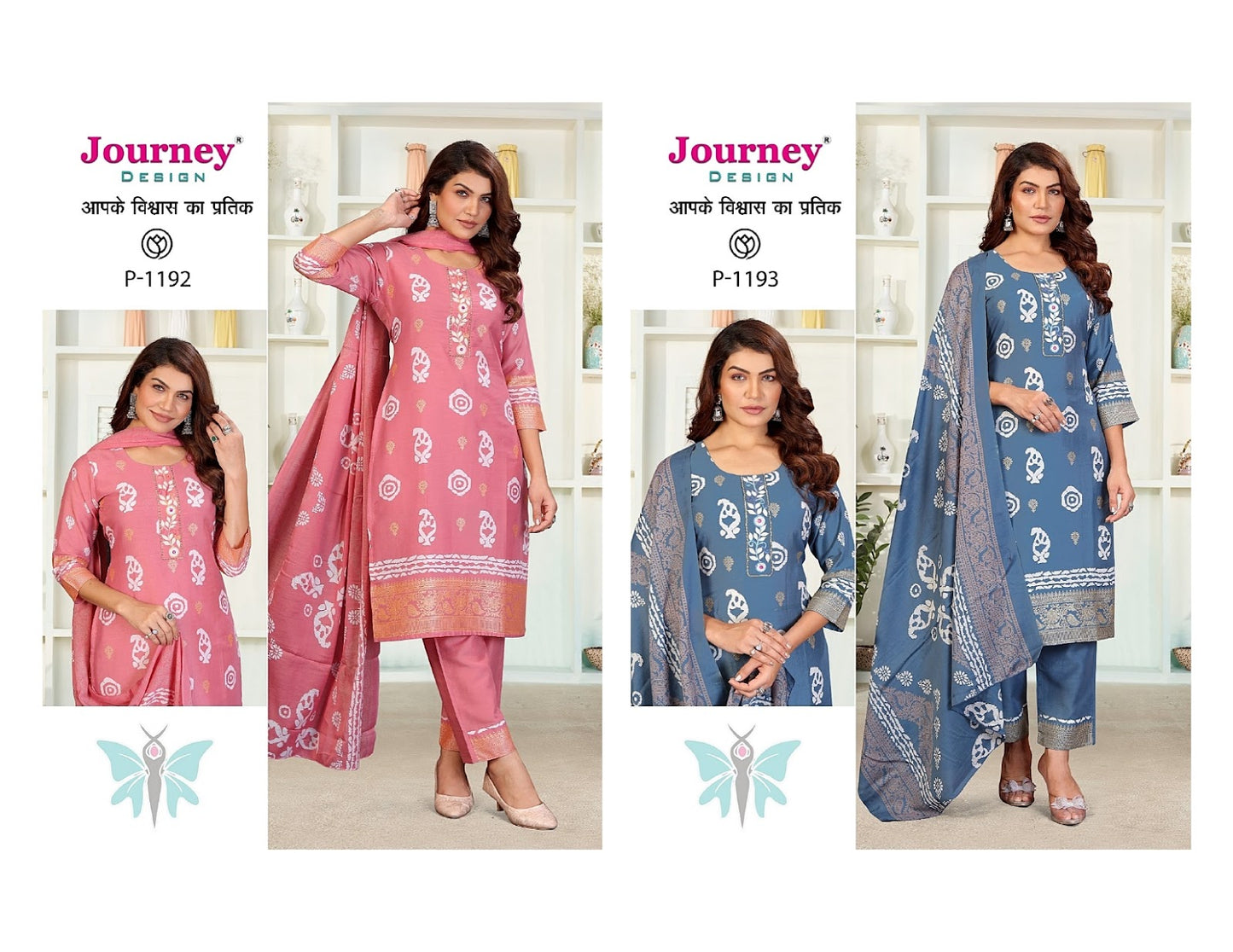 P 1192-1193 Journey Design Silk Readymade Pant Style Suits Wholesale