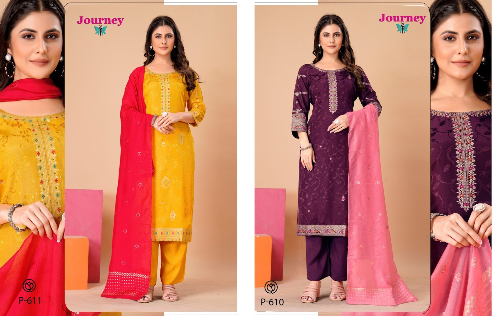 P 610-611 Journey Design Jacquard Readymade Pant Style Suits Exporter
