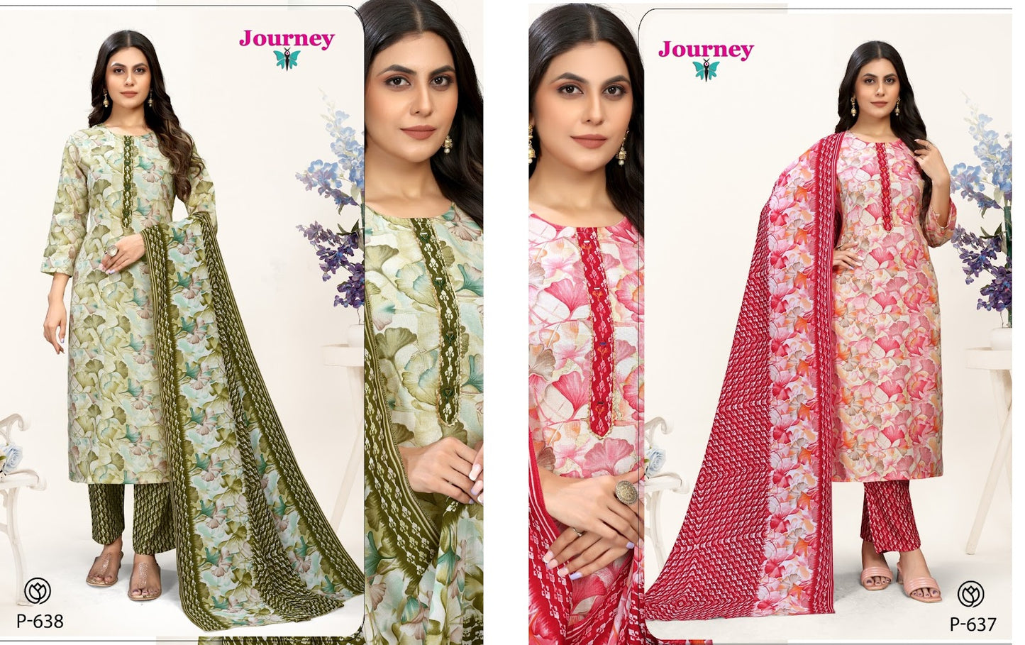 P 637-638 Journey Design Capsule Print Readymade Pant Style Suits Wholesaler India