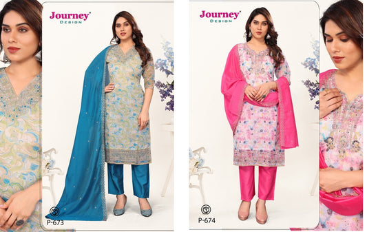 P 673-674 Journey Design Tissue Readymade Pant Style Suits Wholesale
