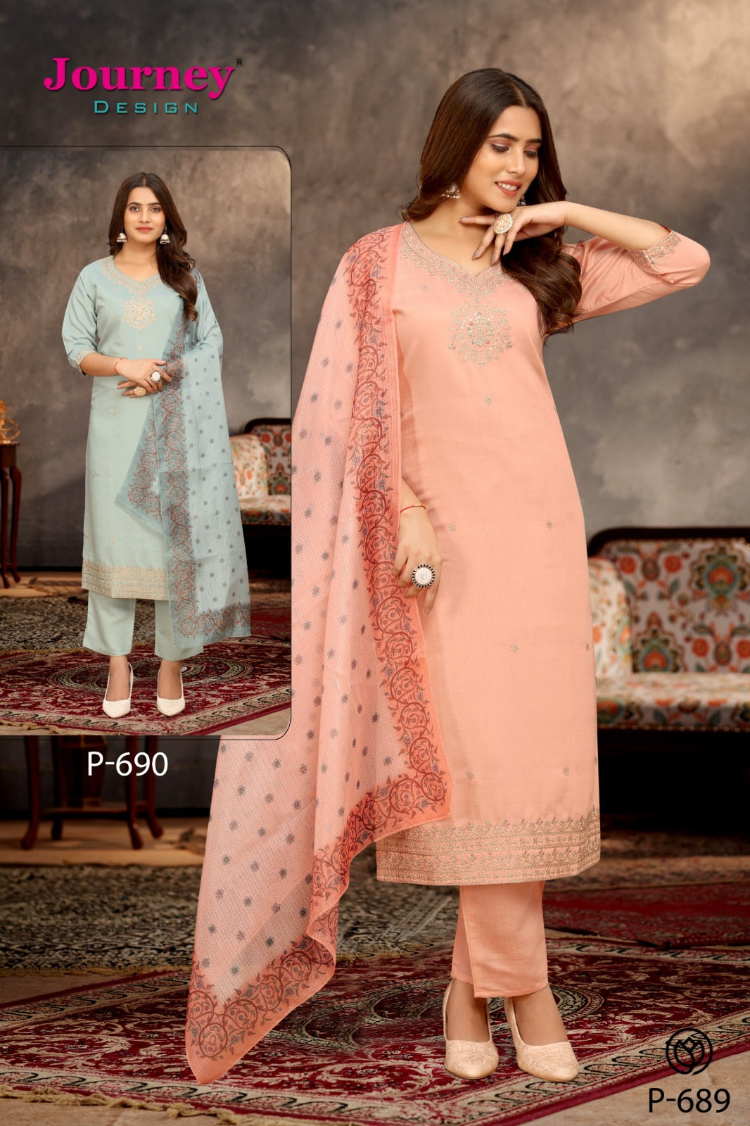 P 689-690 Journey Design Vatican Silk Readymade Pant Style Suits Wholesaler India