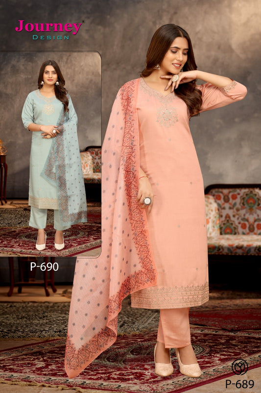 P 689-690 Journey Design Vatican Silk Readymade Pant Style Suits Wholesaler India