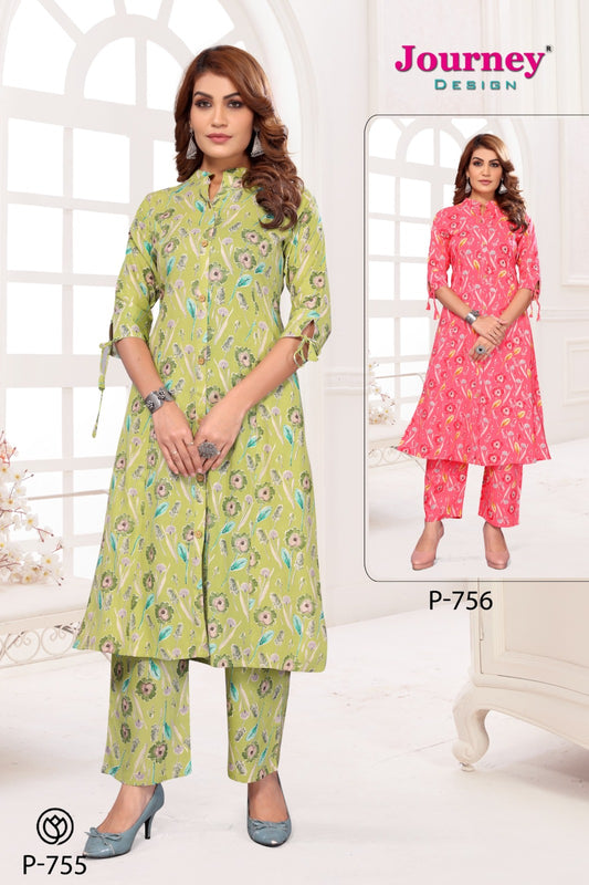 Print P 755-756 Journey Design Reyon Kurti Bottom Set Supplier