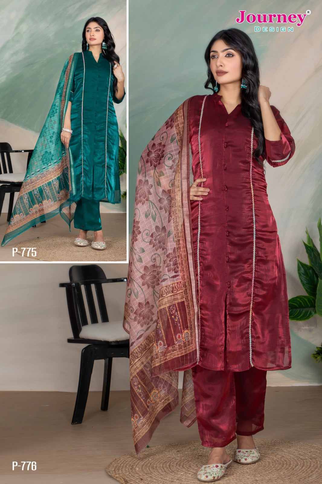 P 775-776 Journey Design Satin Readymade Pant Style Suits Manufacturer