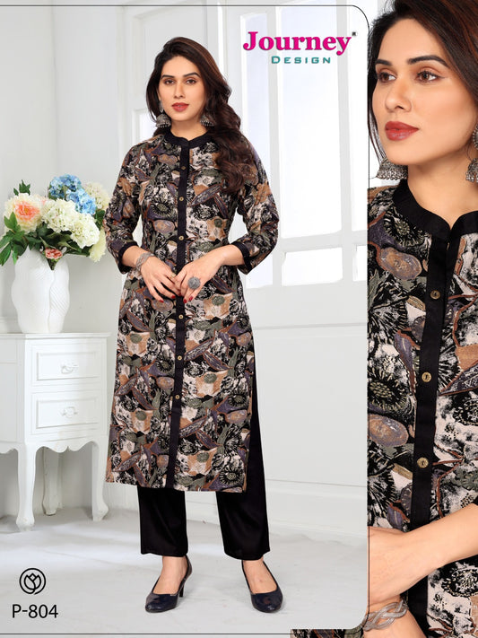 P 804 Journey Design Rayon Kurti Pant Set Wholesale Price