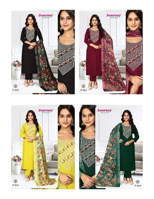 P 852-855 Journey Design Cotton Slub Readymade Pant Style Suits Exporter Ahmedabad