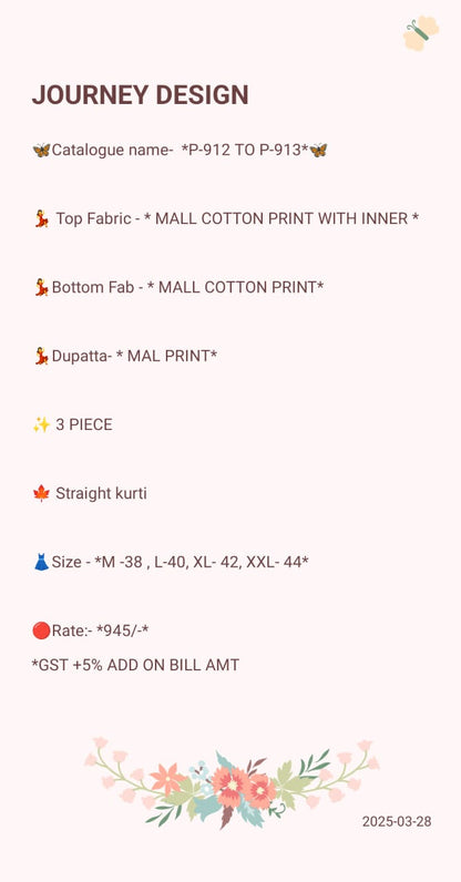 P 912-913 Journey Design Mal Cotton Readymade Pant Style Suits Exporter Gujarat