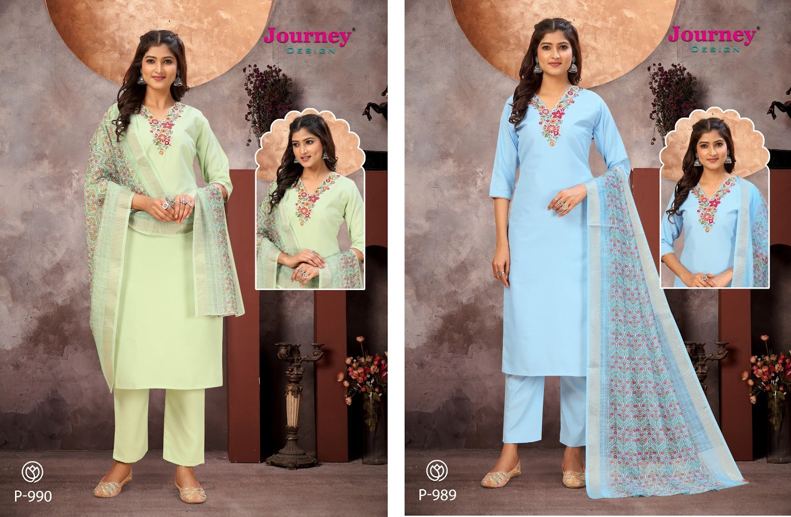 P 989-990 Journey Design Cotton Slub Readymade Pant Style Suits Wholesale Price