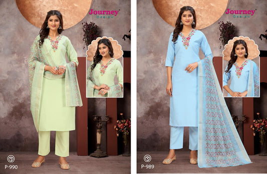 P 989-990 Journey Design Cotton Slub Readymade Pant Style Suits Wholesale Price