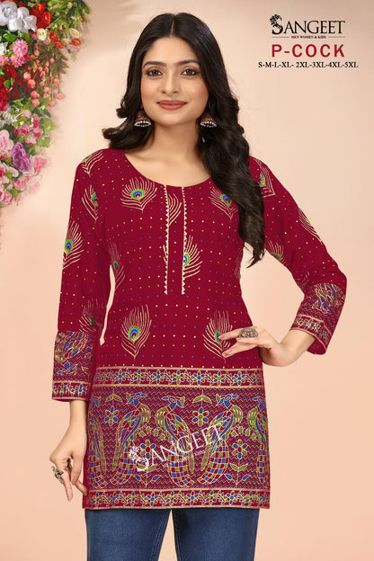 P Cock Sangeet Rayon Short Kurtis Wholesaler