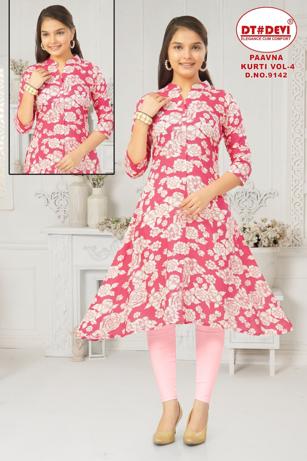 Paavna Vol 4 Dn 9142 Dt Devi Rayon Girls Anarkali Kurti Wholesale Price