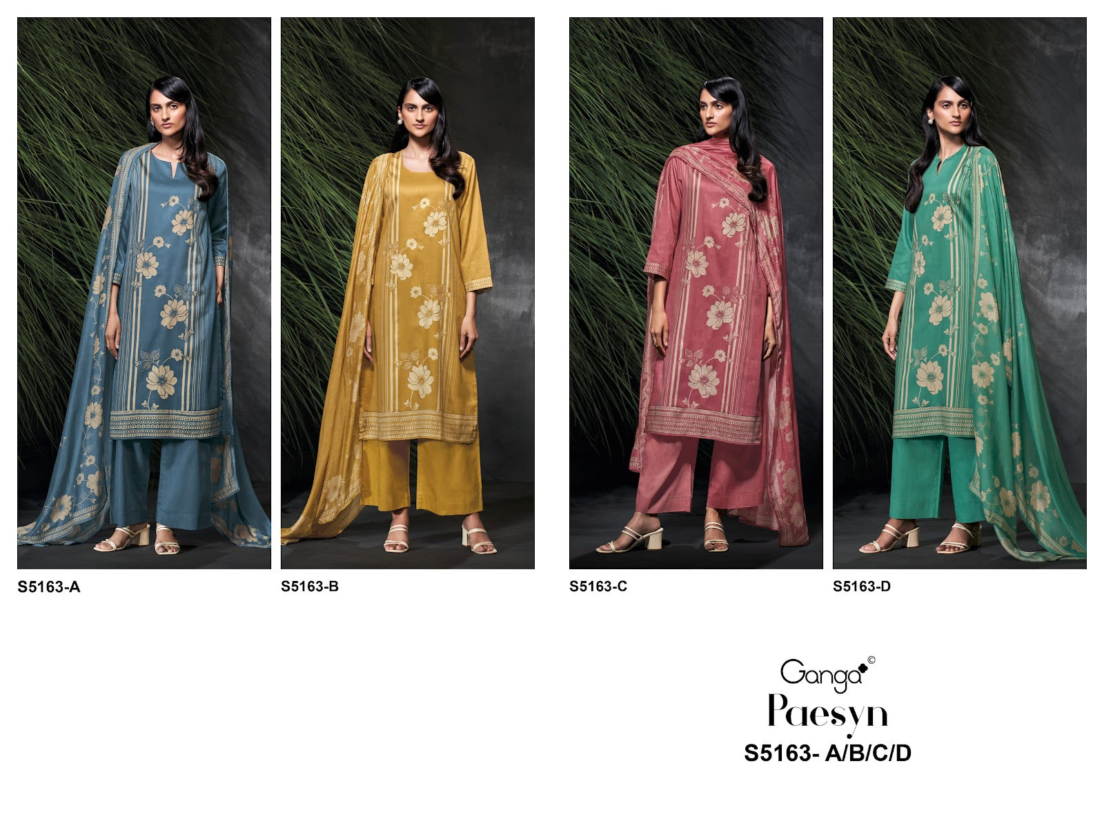 Paesyn S5163 Ganga Cotton Satin Plazzo Style Suits Supplier Ahmedabad