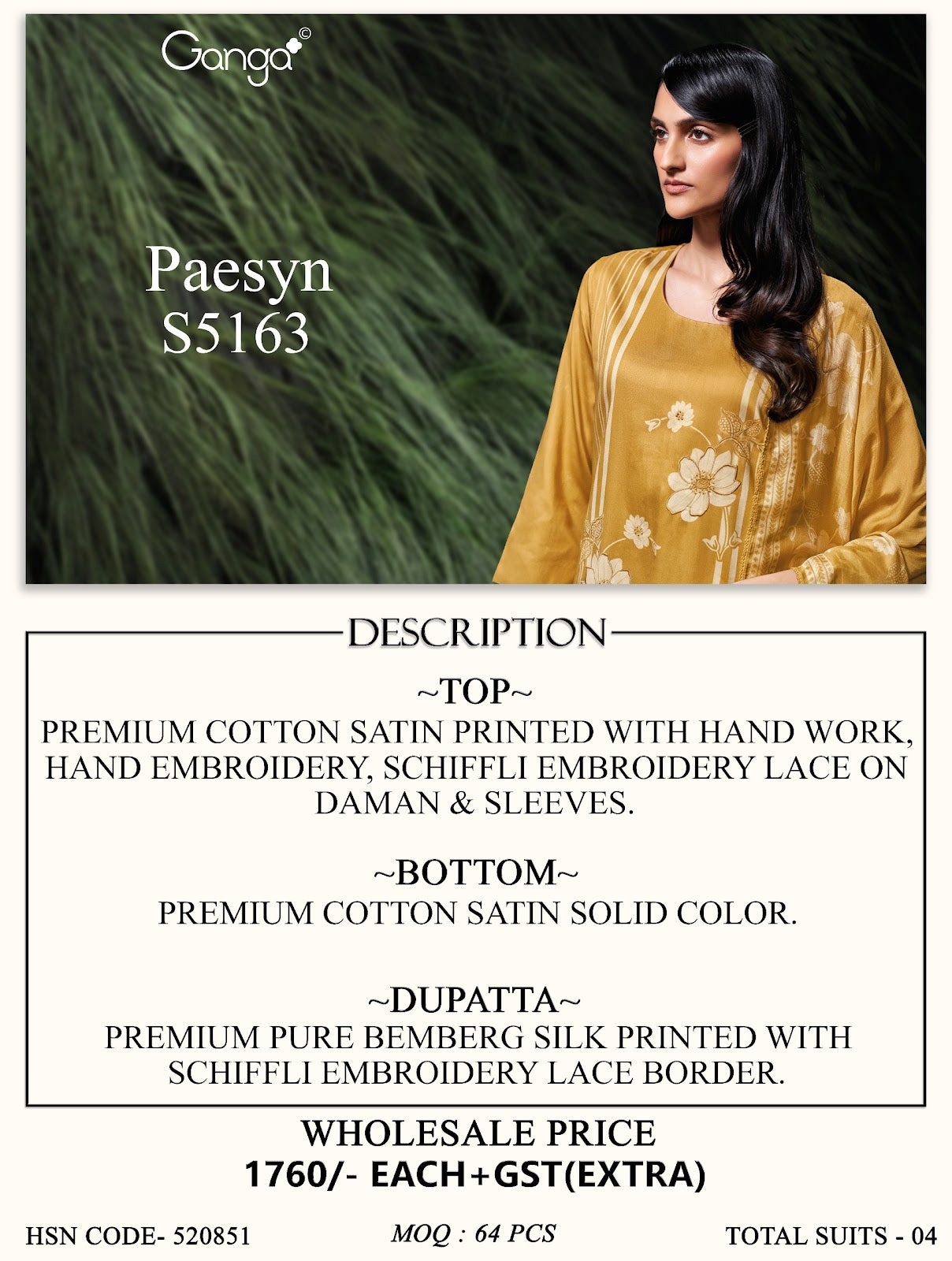 Paesyn S5163 Ganga Cotton Satin Plazzo Style Suits Supplier Ahmedabad