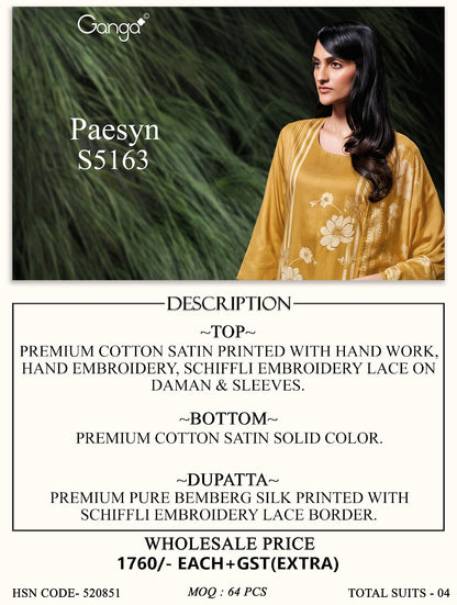 Paesyn S5163 Ganga Cotton Satin Plazzo Style Suits Supplier Ahmedabad