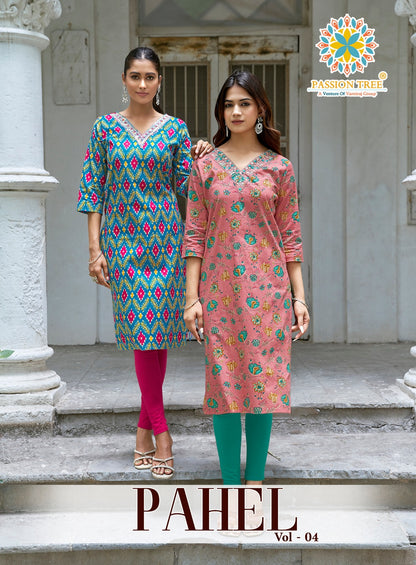 Pahel Vol 4 Passion Tree Cotton Knee Length Kurtis Supplier Gujarat