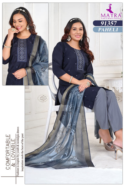 Paheli Mayra Roman Silk Readymade Pant Style Suits Wholesaler Gujarat