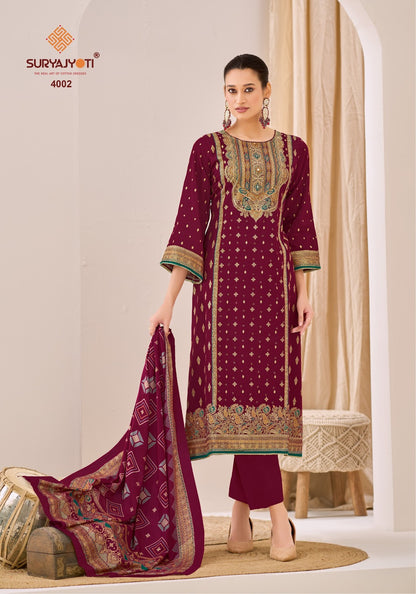 Pallavi Advance Vol 4 Suryajyoti Jaam Satin Karachi Salwar Suits Exporter Ahmedabad