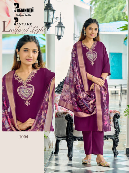 Pancake Premnath Roman Silk Readymade Pant Style Suits Wholesaler Ahmedabad