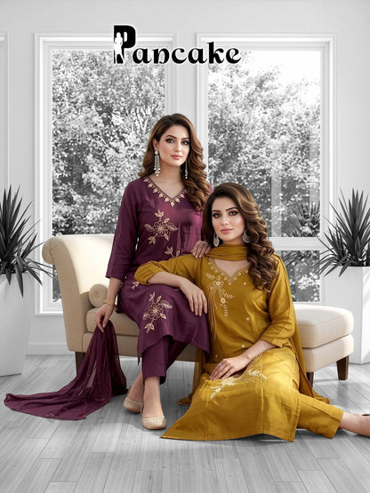 Pancake Prmnt Roman Silk Readymade Pant Style Suits Wholesaler Ahmedabad