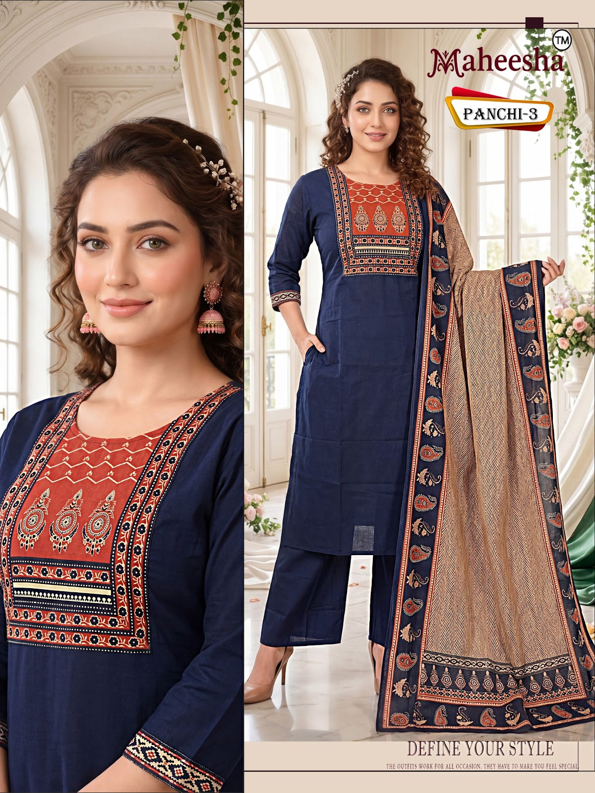 Panchi Maheesha Dhabu Cotton Readymade Plazzo Style Suits Exporter