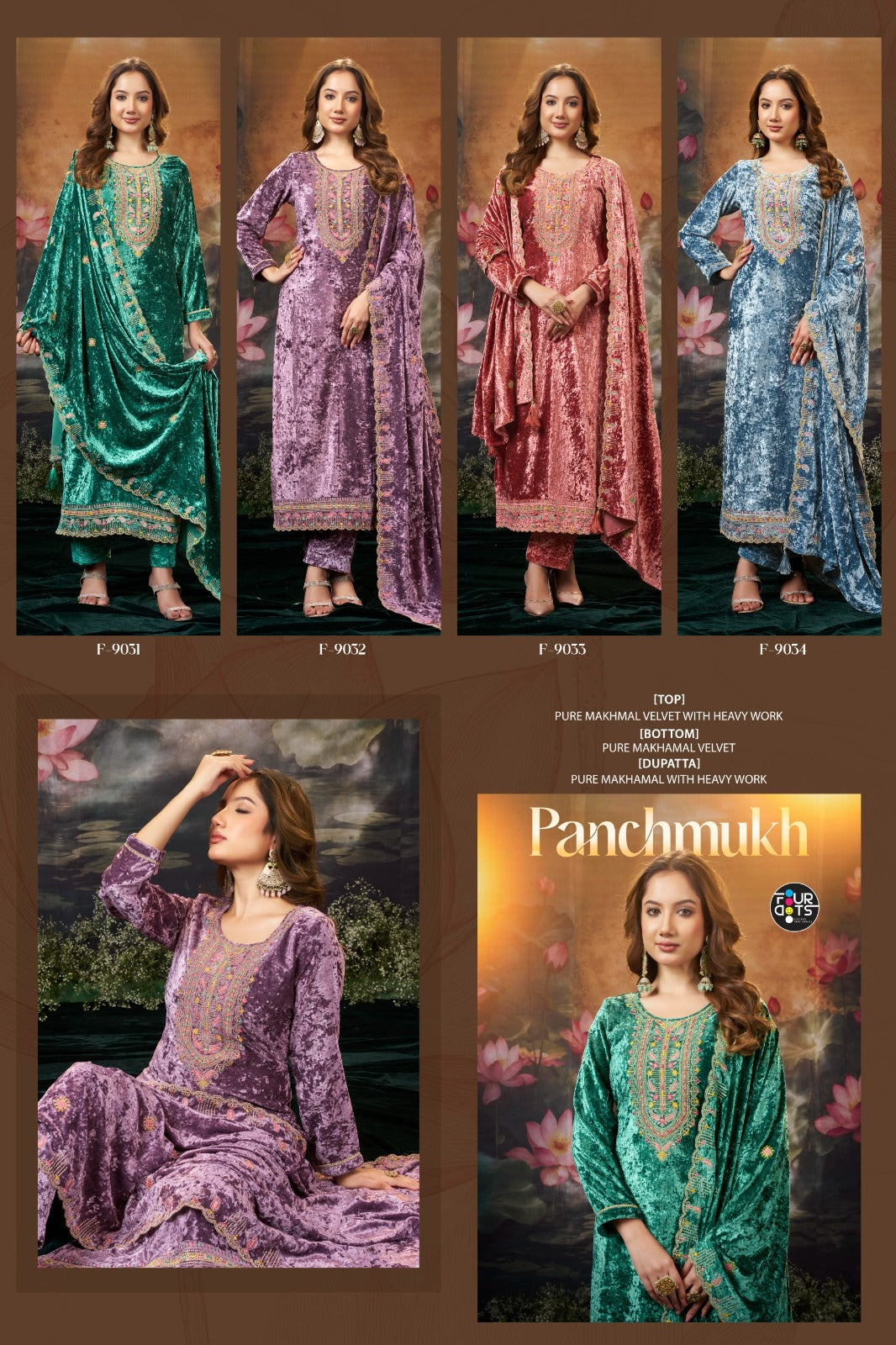 Panchmukh Four Dots Pure Makhamal Velvet Suits Wholesale
