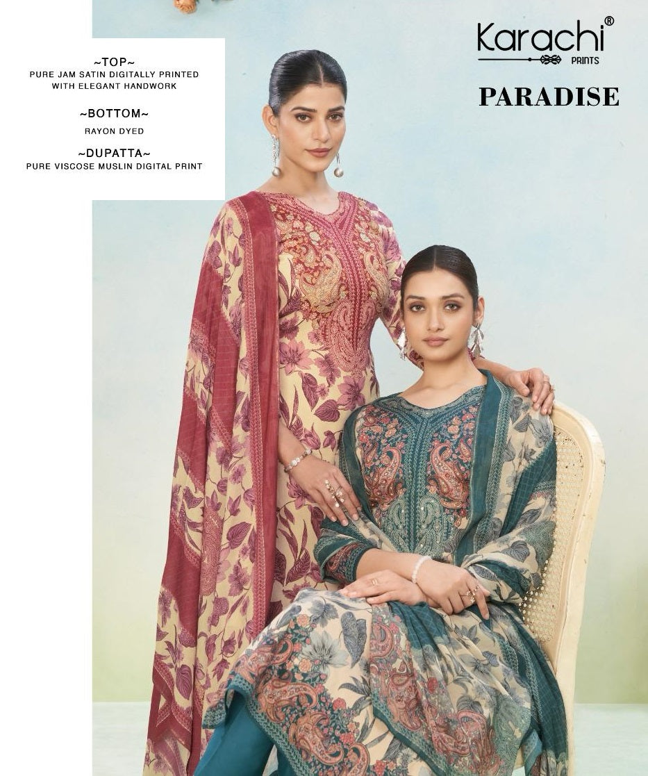 Paradise Karachi Prints Pure Jam Pant Style Suits Exporter