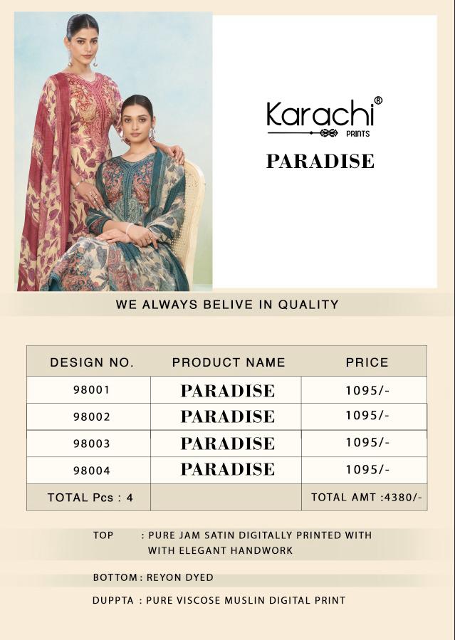 Paradise Karachi Prints Pure Jam Pant Style Suits Exporter
