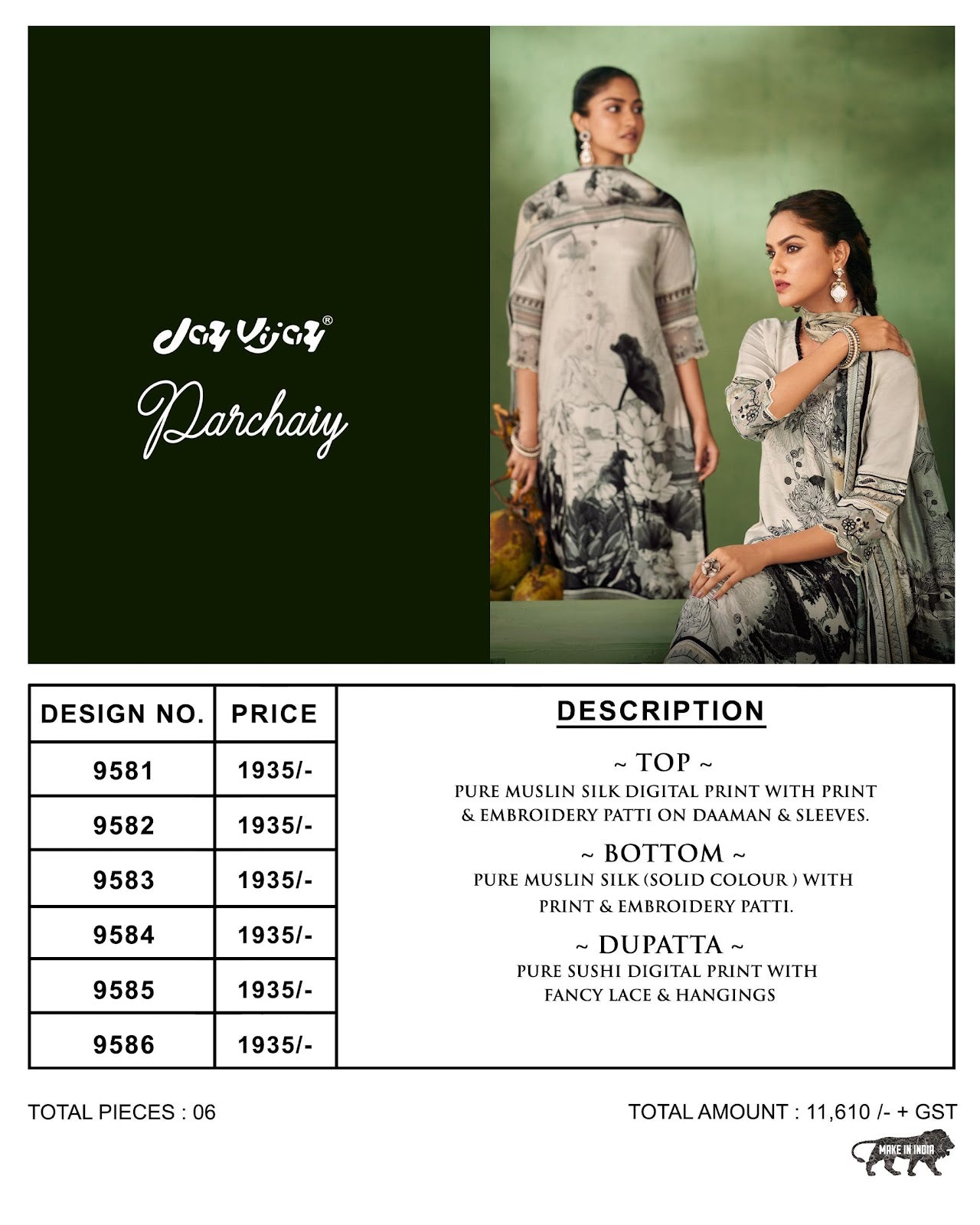 Parchaiy Jay Vijay Muslin Silk Pant Style Suits Manufacturer Gujarat