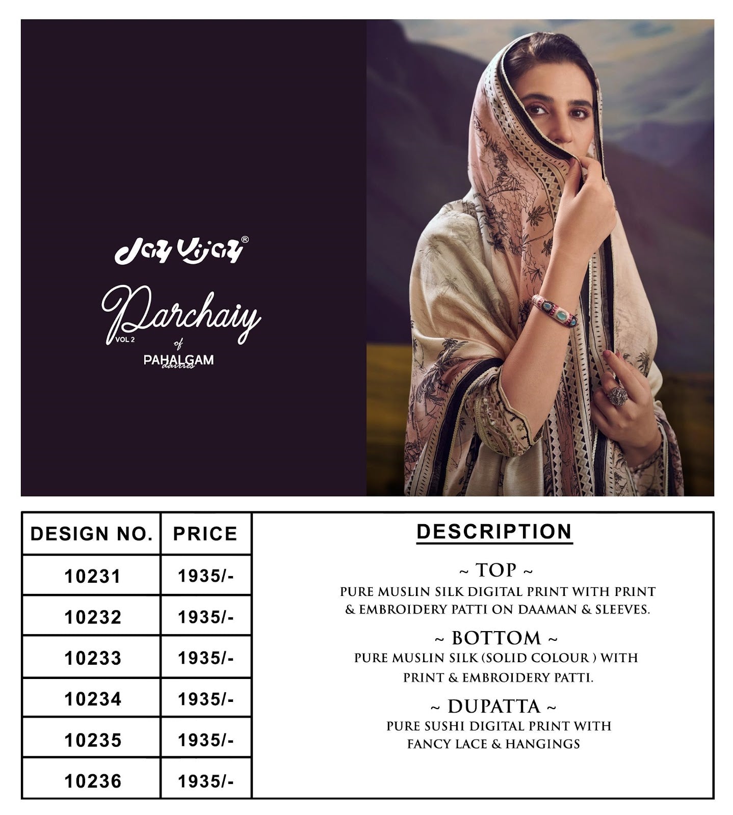 Parchaiy Vol 2 Jay Vijay Pure Muslin Pant Style Suits Exporter Ahmedabad