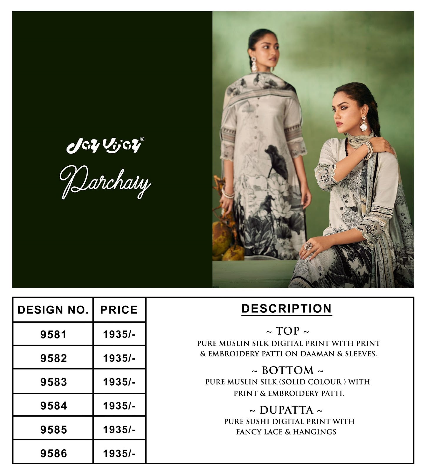 Parchay Jay Vijay Pure Muslin Pant Style Suits Wholesale Price