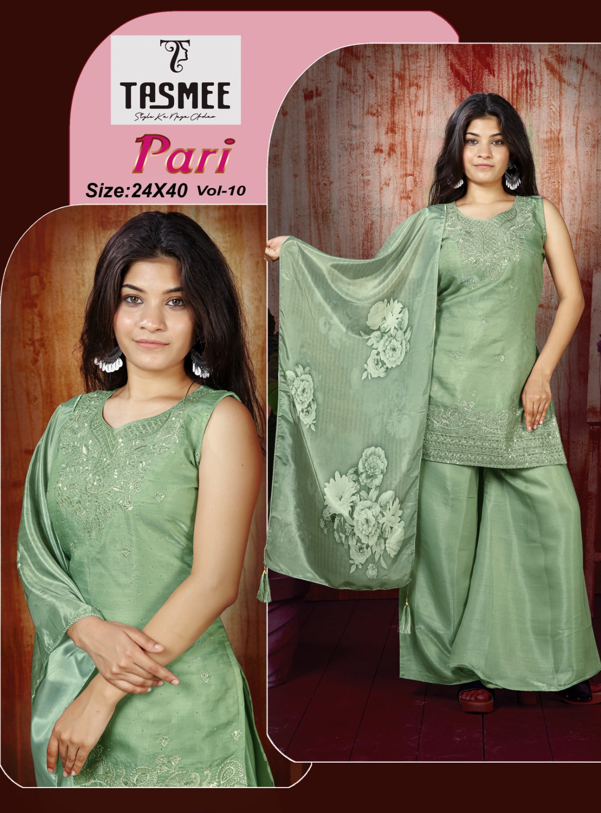 Pari Vol 10 Tasmee Roman Silk Girls Readymade Palazzo Suits Wholesaler