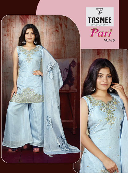 Pari Vol 10 Tasmee Roman Silk Girls Readymade Palazzo Suits Wholesaler