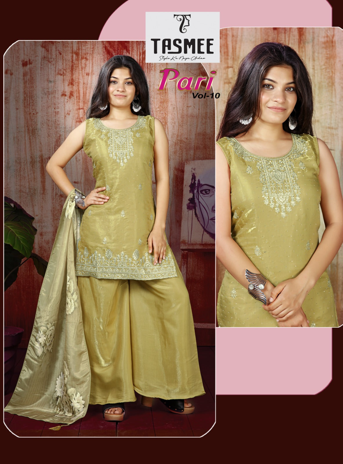 Pari Vol 10 Tasmee Roman Silk Girls Readymade Palazzo Suits Wholesaler