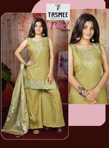 Pari Vol 10 Tasmee Roman Silk Girls Readymade Palazzo Suits Wholesaler