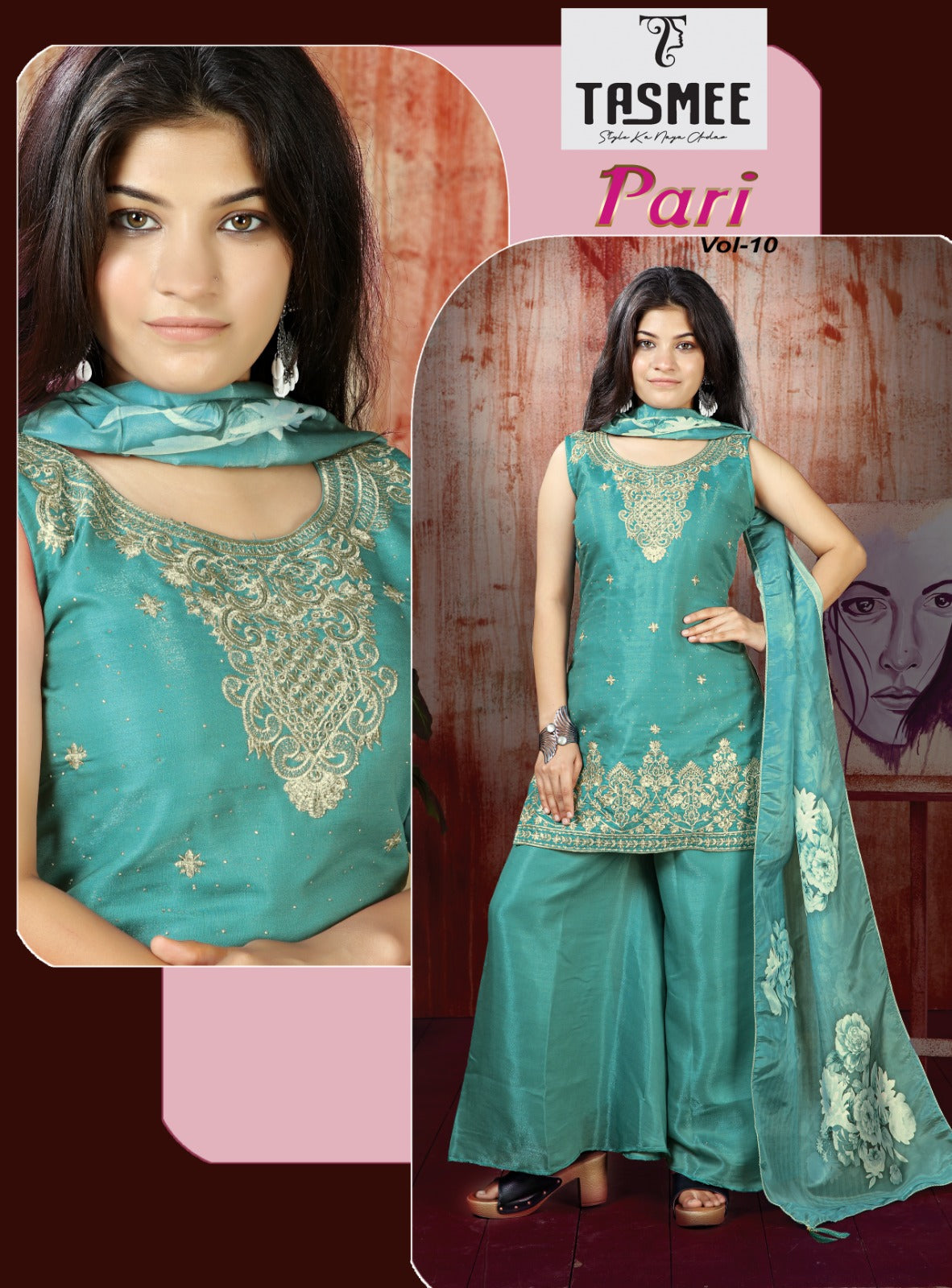 Pari Vol 10 Tasmee Roman Silk Girls Readymade Palazzo Suits Wholesaler