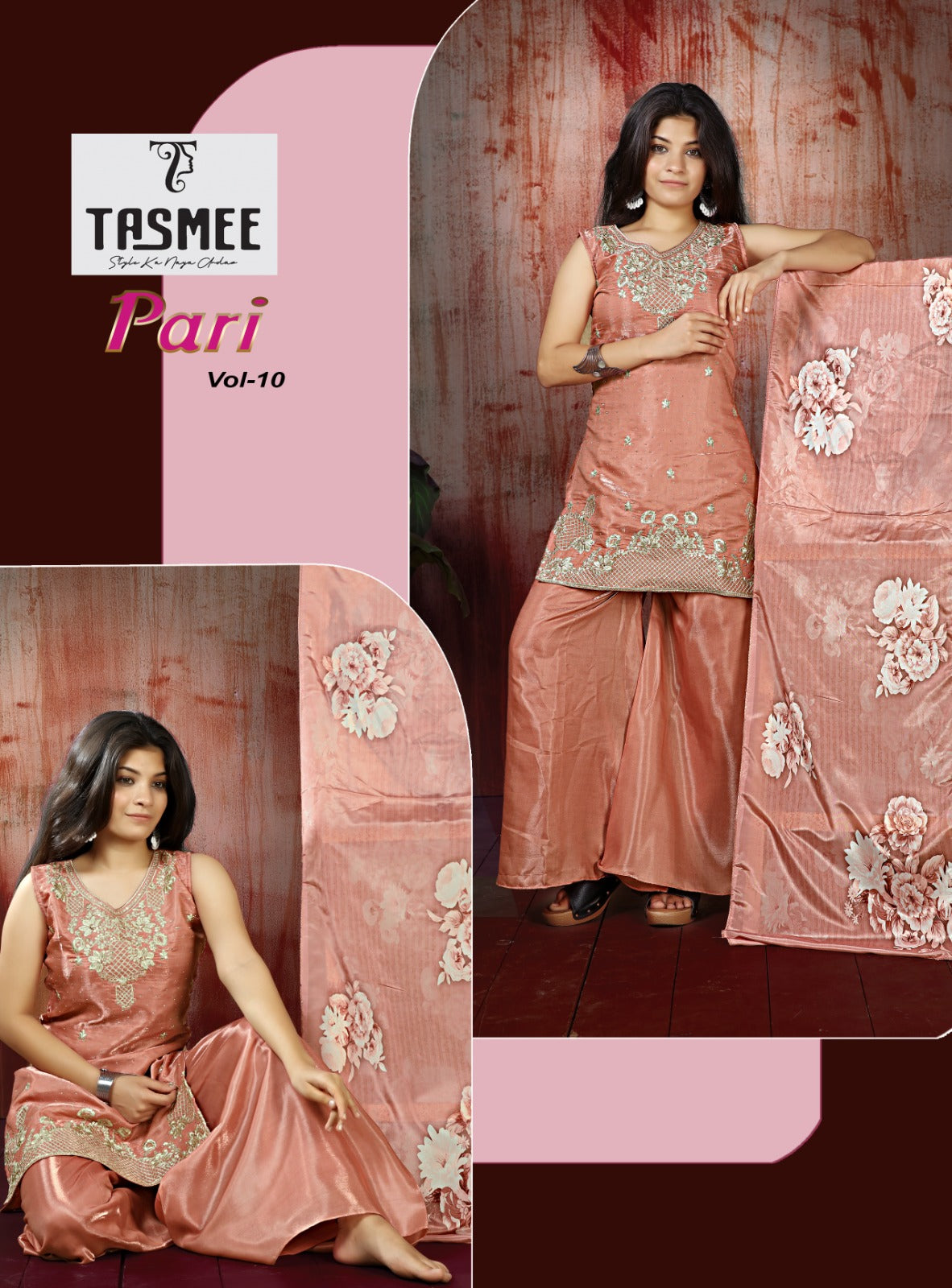 Pari Vol 10 Tasmee Roman Silk Girls Readymade Palazzo Suits Wholesaler