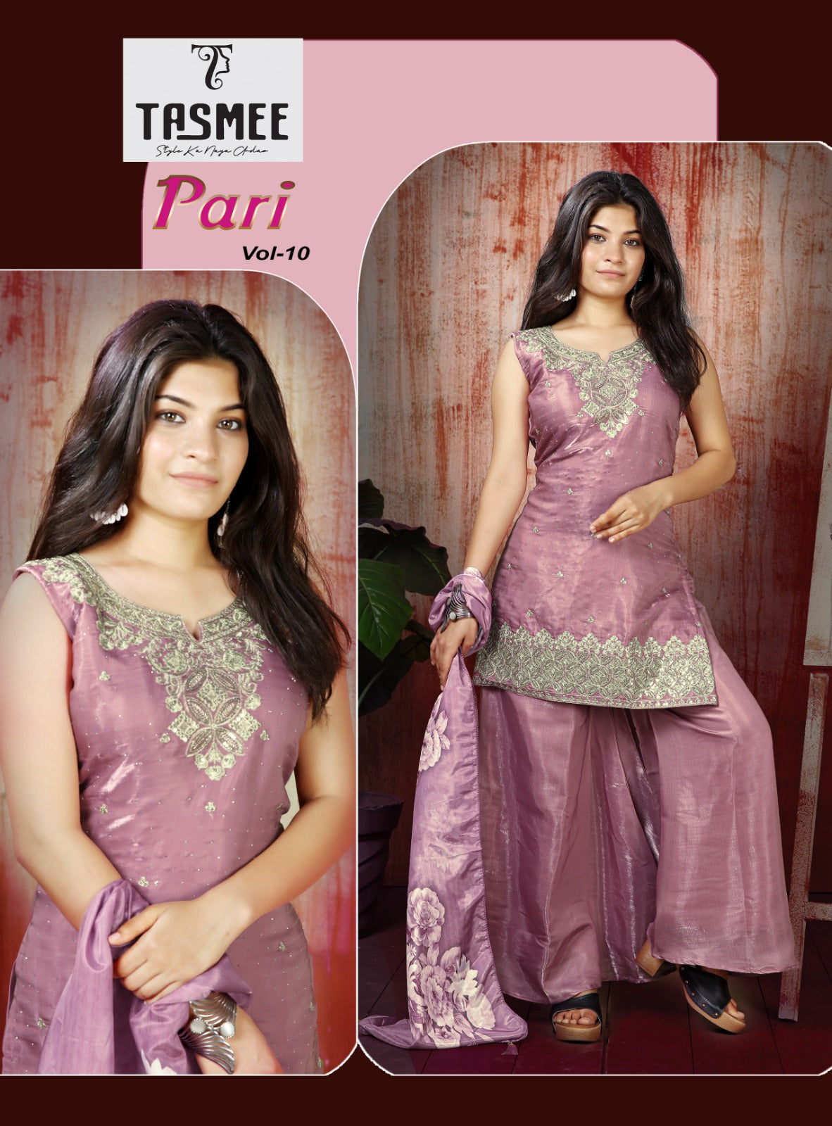 Pari Vol 10 Tasmee Roman Silk Girls Readymade Palazzo Suits Wholesaler