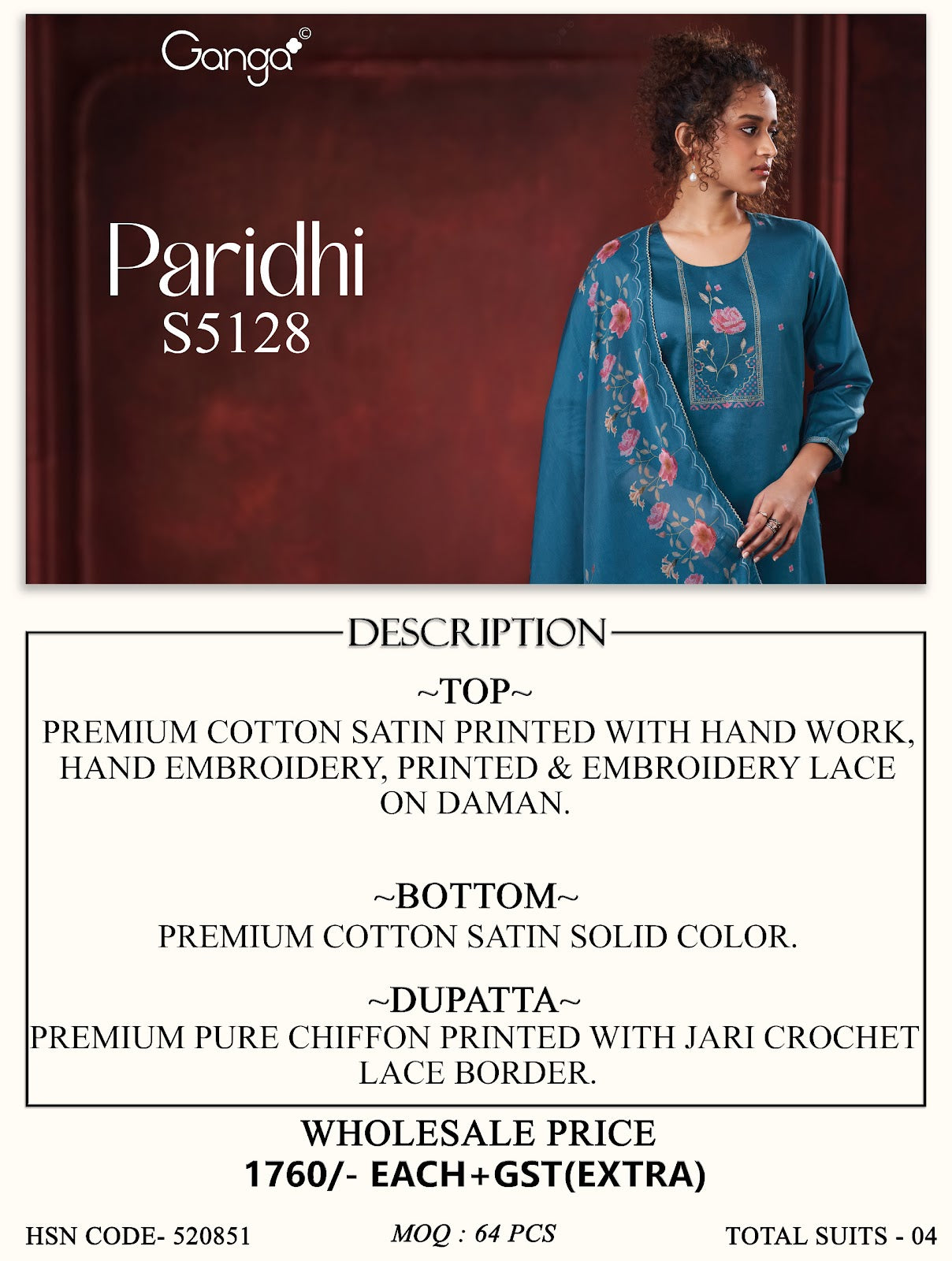 Paridhi S5128 Ganga Cotton Satin Pant Style Suits Exporter Gujarat