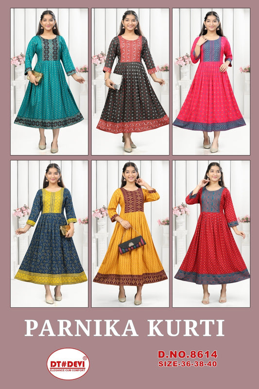 Parnika-8614 Dt Devi Rayon Anarkali Kurtis Exporter India