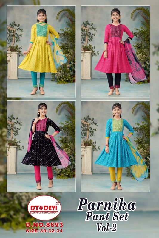 Parnika Vol 2 8693 Dt Devi Rayon Girls Readymade Pant Suits Wholesale Price