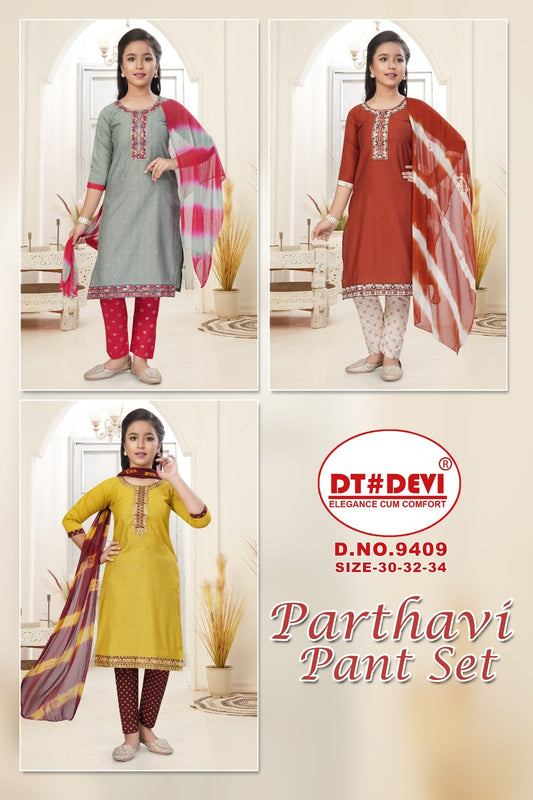 Parthavi Dn 9409 Dt Devi Vetican Girls Readymade Pant Suits Wholesale