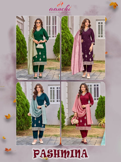 Pashmina Aanchi Vichitra Silk Readymade Pant Style Suits Wholesaler Gujarat