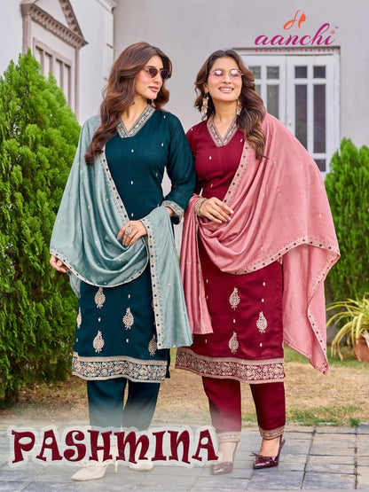 Pashmina Aanchi Vichitra Silk Readymade Pant Style Suits Wholesaler Gujarat