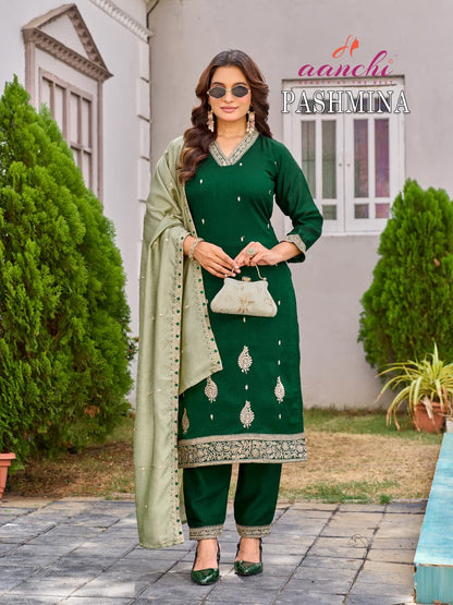 Pashmina Aanchi Vichitra Silk Readymade Pant Style Suits Wholesaler Gujarat