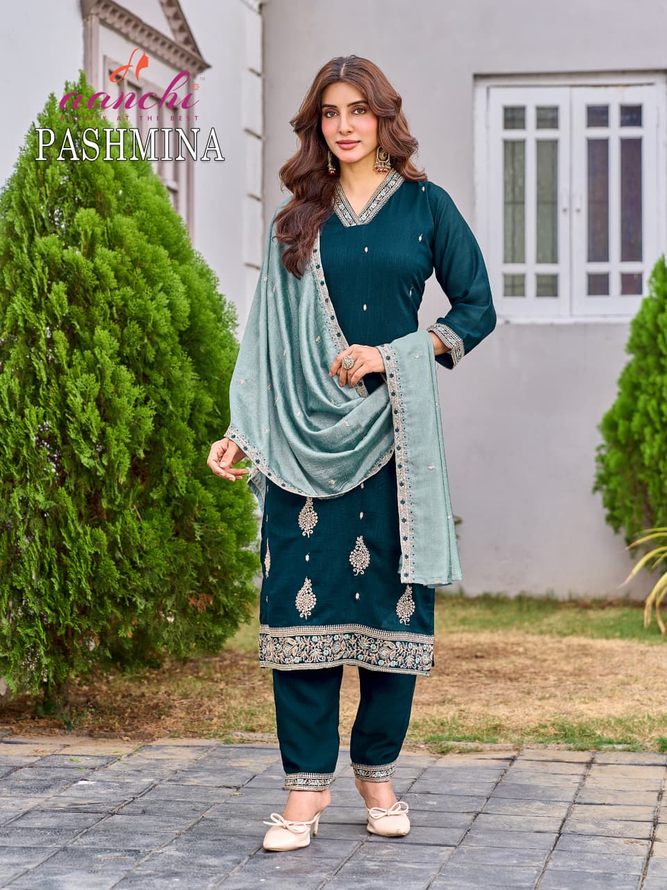 Pashmina Aanchi Vichitra Silk Readymade Pant Style Suits Wholesaler Gujarat